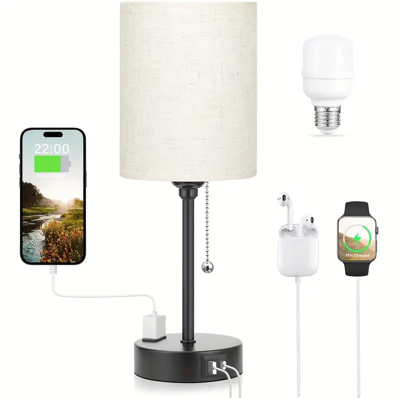 Compact Bedside Lamp with USB A+C, Pull Chain & 3 Color Temps – Bulb Included