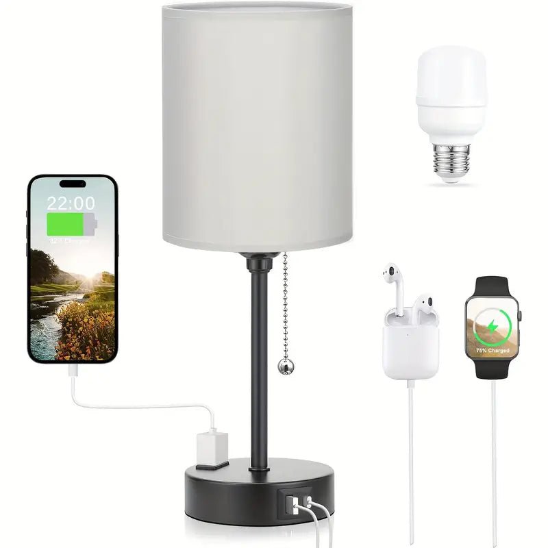 Compact Bedside Lamp with USB A+C, Pull Chain & 3 Color Temps – Bulb Included