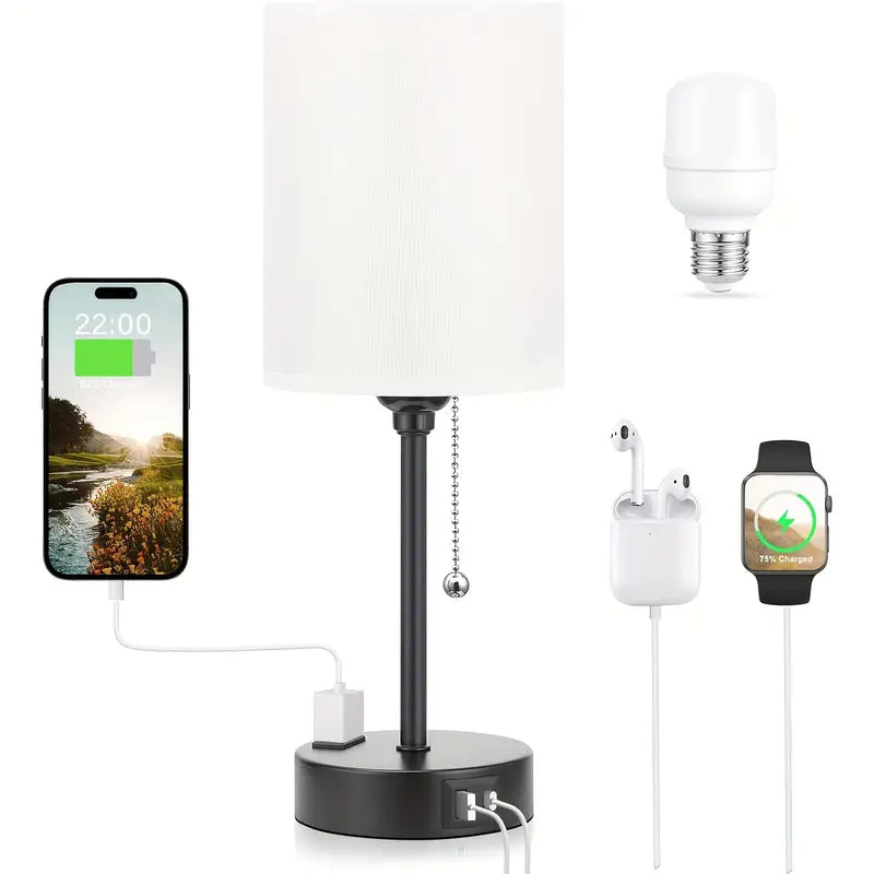 Compact Bedside Lamp with USB A+C, Pull Chain & 3 Color Temps – Bulb Included