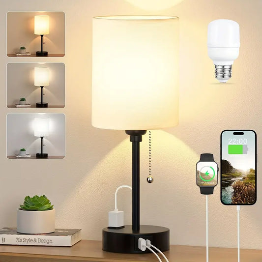 Compact Bedside Lamp with USB A+C, Pull Chain & 3 Color Temps – Bulb Included